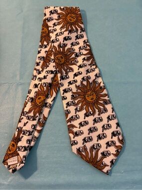 Moschino White Silk Tie with Gold Sun & Black Sunglasses Motif Italy